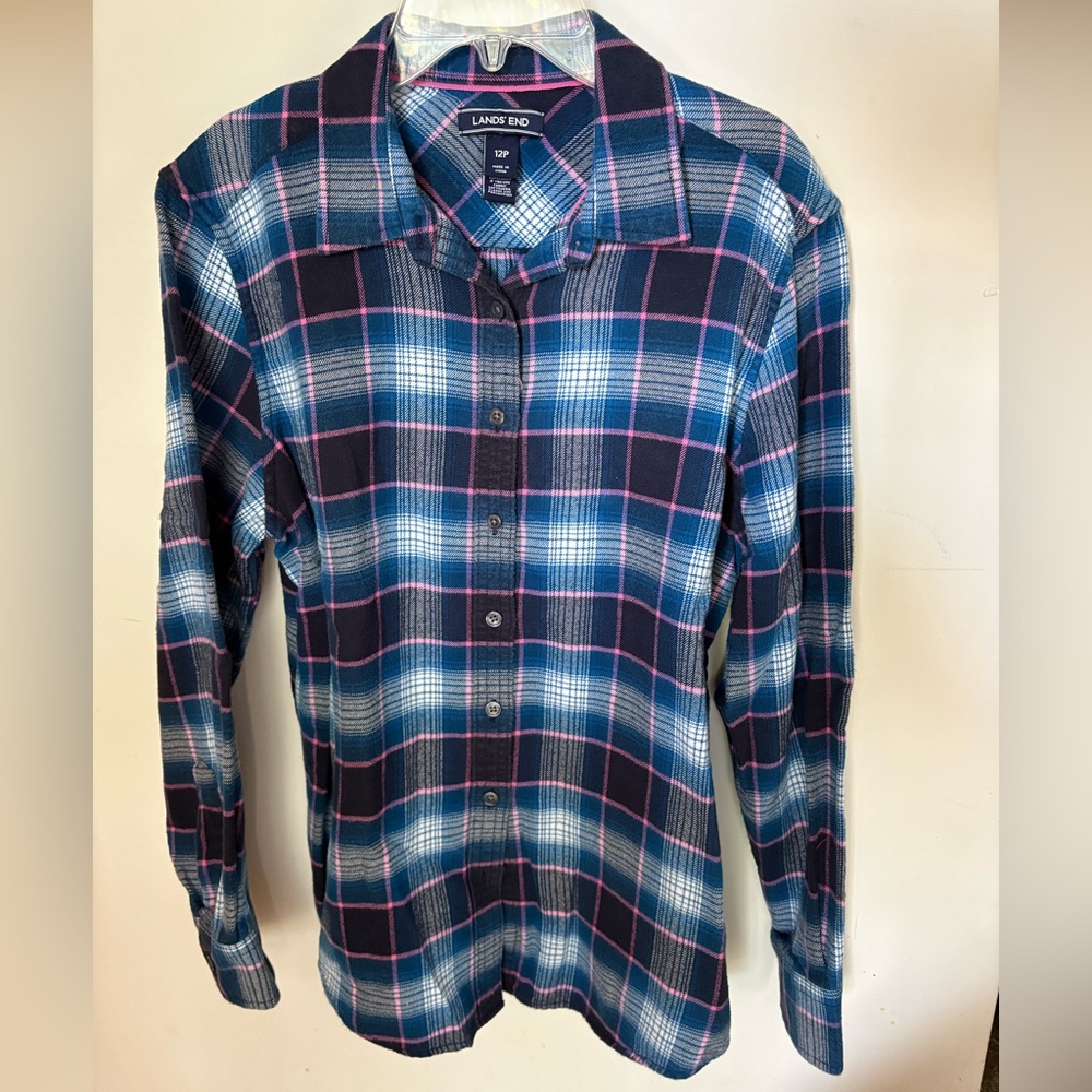 Lands' End Navy and Pink Plaid Flannel Shirt